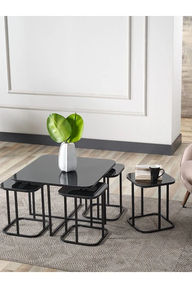SEDAŞ LIVING UNITS PELİKAN 4+1 SİYAH AYNALI TEMPERLİ CAM SİYAH METAL AYAK TAKIM SEHPA ürün görseli 1