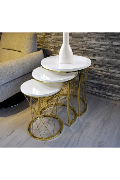 SEDAŞ LIVING UNITS 3 LÜ Hasır Telli Beyaz Suntalam Gold Metal Ayak Zigon Sehpa Sehpa-takimi-zigon-sehba ürün görseli 1
