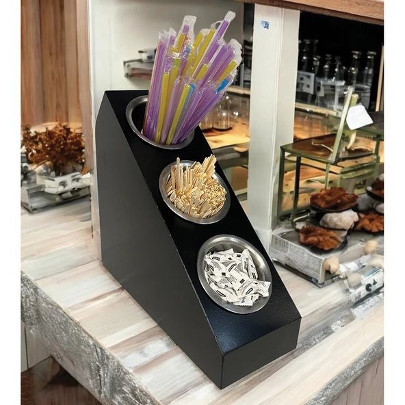 3 Katlı Pipetlik Karıştırıcı Şeker Çatal Bıçak Kaşıklık Organizer Kafe Restoran Ürün Düzenleyici Siyah Stand ürün görseli 1
