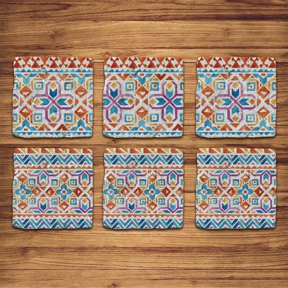 Doğal Taş Bardak Altlığı 6'lı Telli Model D (Boho Tema) ürün görseli 1