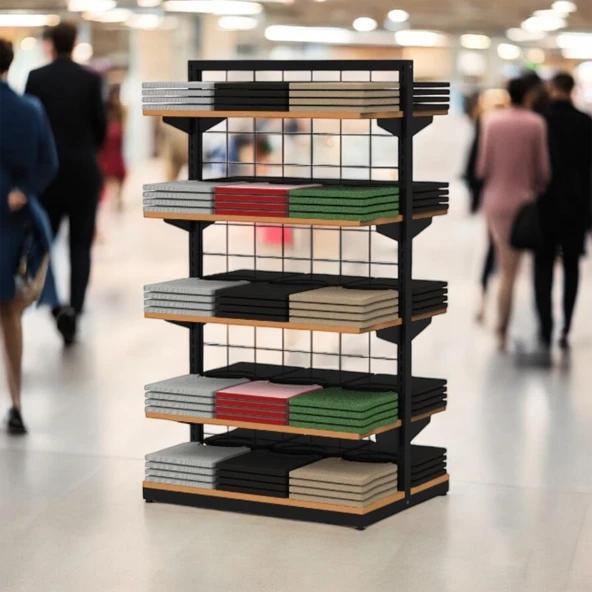 80X60 Çift Taraflı Metal Siyah Stand Bambu Raflı - Resim 4