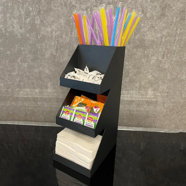 3 Katlı 5 Bölmeli Metal Pipet, Peçetelik, Şekerlik Siyah Organizer Stand Model - 3 ürün görseli 1