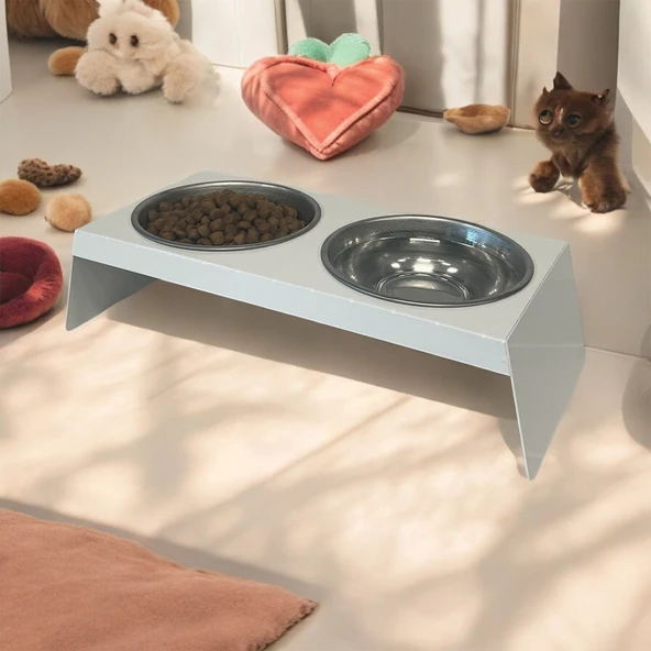 Evcil Hayvan Mama ve Su Kabı Standı, İkili Small Model Beyaz, Paslanmaz Çelik, Yükseltilmiş, Kedi ve Köpekler İçin ürün görseli 1