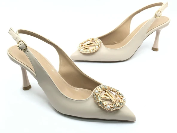Feles Taşlı Toka Detaylı Arkası Açık Stiletto Kadın Topuklu Ayakkabı ürün görseli 1