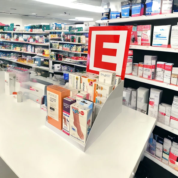 Tezgahönü Eczane Logolu Masaüstü Stand - 25cm, 2 Katlı, Beyaz Renk ürün görseli 1