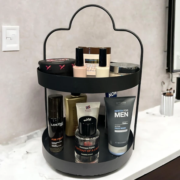 24 cm Yuvarlak Siyah İki Katlı Banyo Mutfak Makyaj Organizer Rafı Model 1 ürün görseli 1