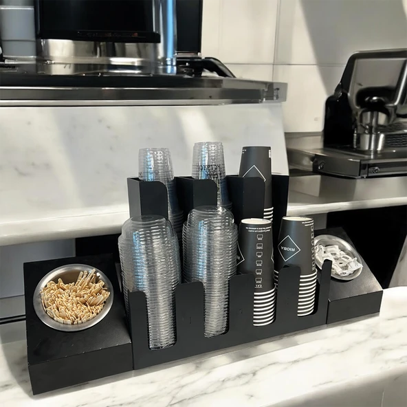 3 Ve 4 Bölmeli Karton Bardaklık + 2' li Tek yuvalı  Karistirici ve Şeker Endüstriyel Mutfak Kahve Aksesuar Düzenleyici Siyah Çok Bölmeli Kafe/Ofis Kahve Standı ürün görseli 1