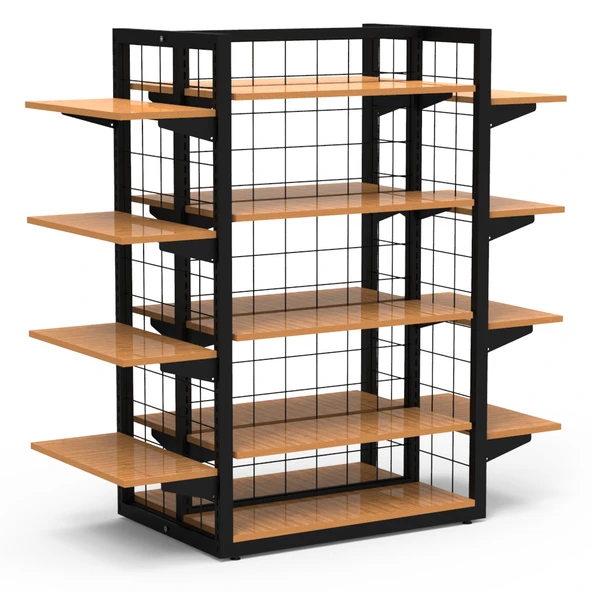 80X60 Dört Taraflı Metal Siyah Stand Bambu Raflı Ve Yan Modül Raflı Set ürün görseli 1