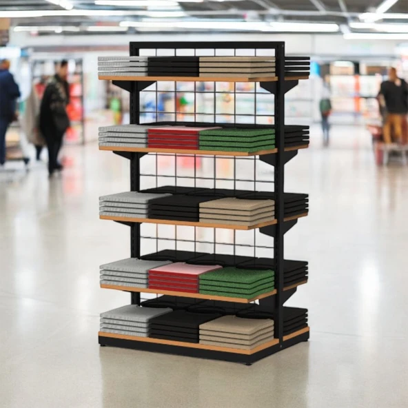 80X60 Çift Taraflı Metal Siyah Stand Bambu Raflı - Resim 5