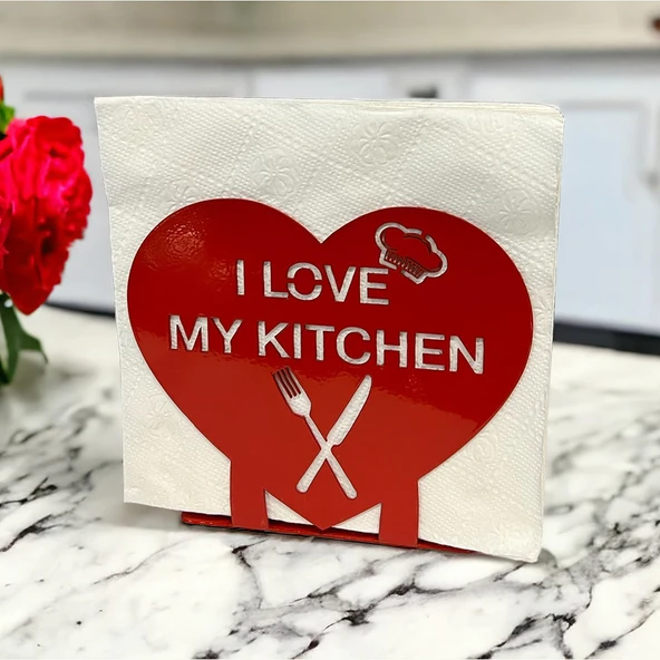 "I LOVE MY KITCHEN" Temalı Metal Peçetelik Kırmızı Kalp Şeklinde ürün görseli 1