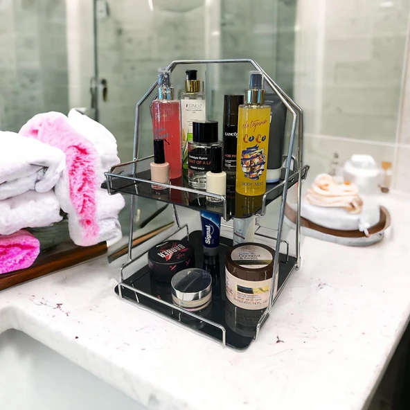 2 Katlı Üçgen Siyah Metal Banyo, Mutfak, Makyaj Organizatörü - Model 3 ürün görseli 1