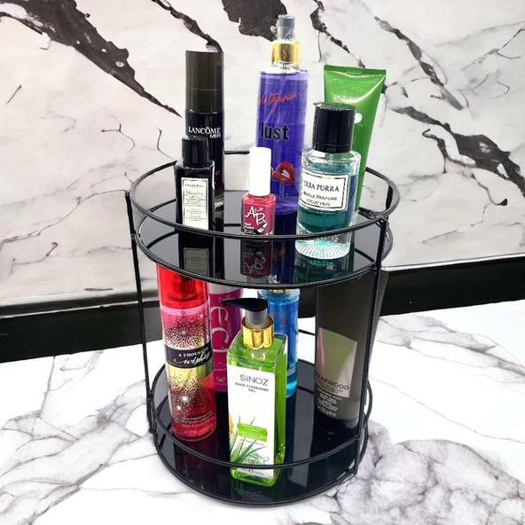 2 Katlı Banyo, Kozmetik Düzenleyici, Takı Standı, Organizer ve Çok Amaçlı Servis Sunum Tepsisi, İkramlık 23CM SİYAH ürün görseli 1