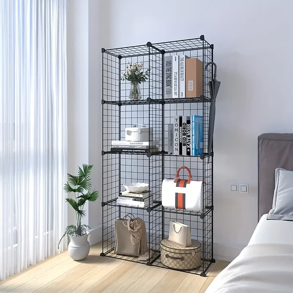 8 Bölmeli Tel Küp Çok Amaçlı Organizer Raf Siyah 33cm Mutfak, Oyuncak, Kiler, Depolama Rafı ürün görseli 1