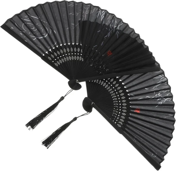Beluga Yelpaze Bambu Serinletici Vintage Siyah Şık Püsküllü Japon Yelpaze 0150 2 Adet ürün görseli 1