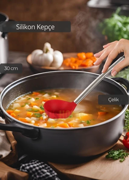 Silikon Kepçe Paslanmaz Saplı Servis Kepçesi Kırmızı 30 cm ürün görseli 1