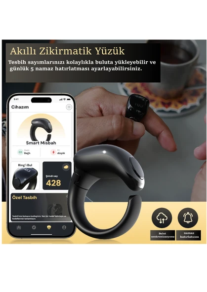 Akıllı Zikirmatik Yüzük (FATİH) Tesbih Yüzük Qibla Bulucu Namaz Hatırlatıcı Yüzük - Siyah 5 Halkalı ürün görseli 1