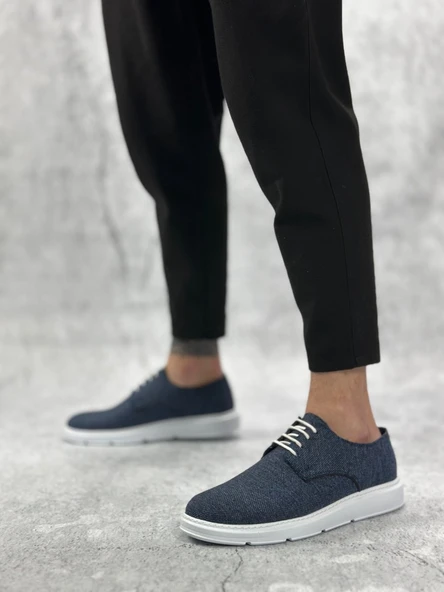 ET0003 Bağcıklı Klasik Spor Keten Lacivert  Beyaz Taban Casual Erkek Ayakkabı ürün görseli 1