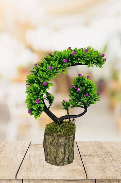 Nettenevime Yapay Çiçek Bonsai Ağacı Kütük Saksıda Lila Tomurcuklu Hilal Model Dekoratif Yapay Ağaç Bonzai 30*20 CM ürün görseli 1