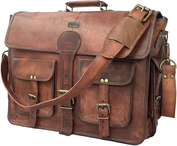 Cuero Vintage El Yapımı Deri  Çapraz Askılı Çanta Dizüstü Bilgisayar Evrak Çantası  18 inç ürün görseli 1