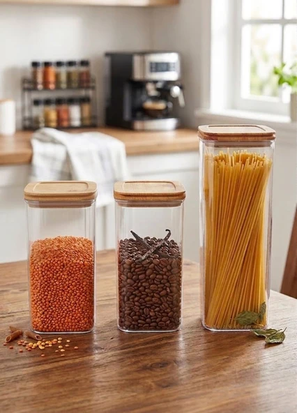 3’lü Bambu Desenli Erzak Saklama Kabı Seti - Hava Almaz Sızdırmaz Vakumlu 1,65 L & 2,25 L Set ürün görseli 1
