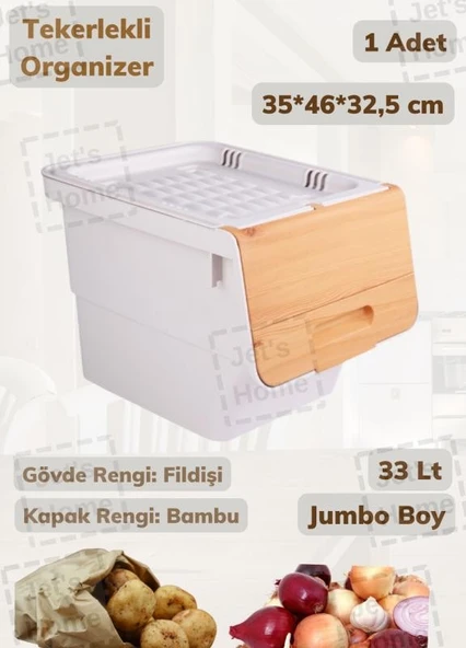 Tekli Bambu Renk Tekerlekli Patateslik Soğanlık Oyuncak Kutusu Patates Soğan Sepeti Motek 33 Lt ürün görseli 1