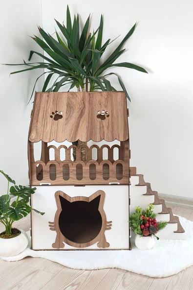 ahşap sarayı Kedi Evi 2 Katlı Merdivenli - Resim 3