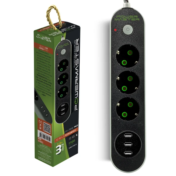 PM-17021 3 USB ÇIKIŞLI 3'LÜ 2 METRE KABLOLU AKIM KORUMALI PRİZ 10A-2500 WATT ürün görseli 1