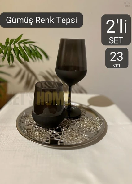 2’li Set Lüx Sunum Tepsisi Paslanmaz Kahve Tepsisi Çelik Tepsi Yuvarlak Çeyizlik Tepsi 23 cm ürün görseli 1