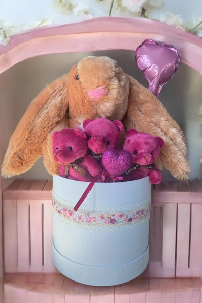 SOLE Premium Özel Kutusunda; 45 cm Kahve Bunny Tavşan, Simli Kalp 3 Adet Fuşya Ayıcık ve Kalp Balonlu Buket ürün görseli 1