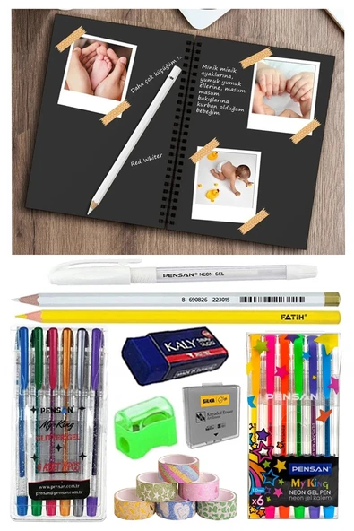 Telli Siyah Defter A5 40 Yaprak Eskiz Fotoğraf Albümü Simli Neon Kalem Simli Bant Sarı Beyaz Kurşun Jel Kalem Kalemtraş ürün görseli 1