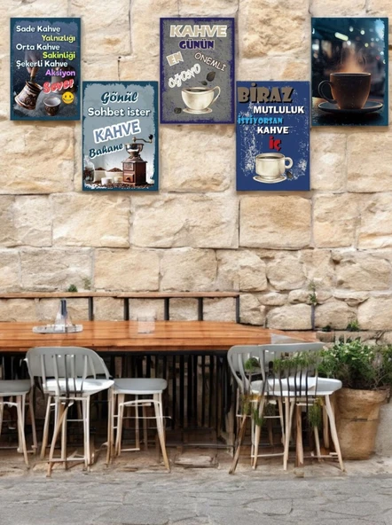 Kahve Keyfini Dekorasyonla Birleştiren 5 Parça (20cmx29cm) Şık Mdf Tablolar, Duvar Tabloları, Cafe Tabloları , Kahve Köşesi Tabloları , Çerçeve Görünümlü Dekoratif Hediyelik ürün görseli 1