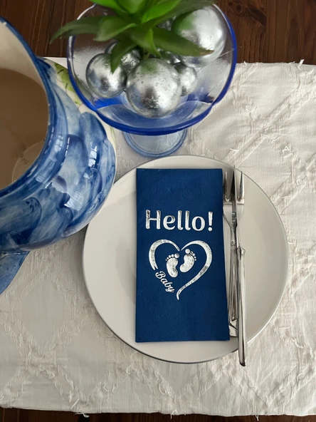 Gümüş Yaldızlı Bodrum Mavisi hello Baby Ayaklı Peçete 16 Adet ürün görseli 1