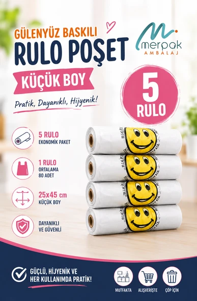 Baskılı Rulo Poşet Küçük Boy x5 Rulo Gülenyüz Baskılı Market Manav Poşeti Çöp Poşeti ürün görseli 1