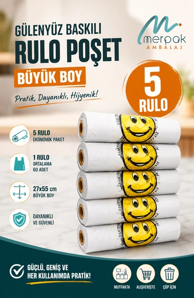 Baskılı Rulo Poşet Büyük Boy x5 Rulo Gülenyüz Baskılı Çöp Poşeti Market Manav Poşeti ürün görseli 1