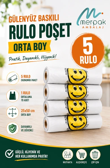 Baskılı Rulo Poşet Orta Boy x5 Rulo Gülenyüz Baskılı Market Manav Poşeti Çöp Poşeti ürün görseli 1