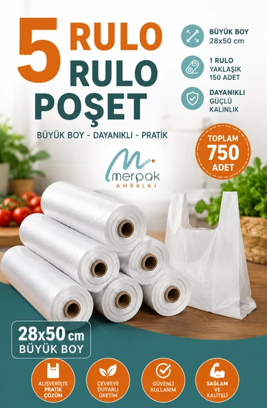 Rulo Atlet Poşet Büyük Boy x5 Rulo Market Manav Poşeti Çöp Poşeti ürün görseli 1