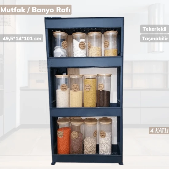 4 Katlı Mutfak Rafı Tekerlekli Organizer Dar Banyo Düzenleyici Motek Siyah Banyo Rafı ürün görseli 1
