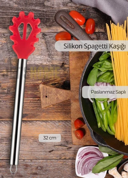 Silikon Spagetti Kaşığı Paslanmaz Saplı Kırmızı 32 cm ürün görseli 1