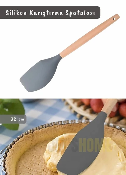 Silikon Karıştırma Spatulası Mutfak Kaşığı Pasta Spatulası Sıyırma Spatula Ahşap Saplı 32 cm ürün görseli 1
