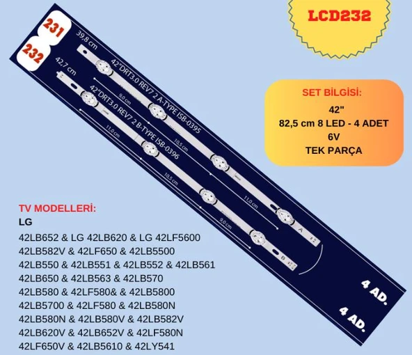 LG 42LB652 & LG 42LB620 & LG 42LF5600  & 42LB582V & 42LF650 & 42LB5500 & 42LB550 & 42LB551 & 42LB552 & 42LB561 & 42LB650 & 42LB563 & 42LB570 & 42LB580 & 42LF580 LED BAR ürün görseli 1