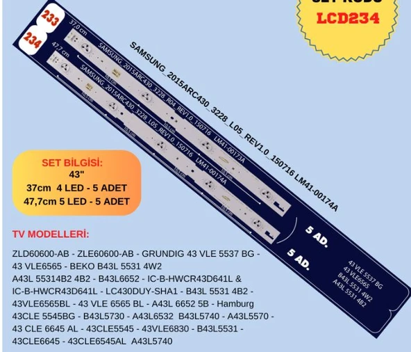 GRUNDIG 43VLE5537, 43VLE6565, B43L5531, A43L5531, B43L5531, 43VLE6565BL, 43VLE6565, A43L6652 5B, 43CLE5545BG, B43L5730, A43L6532, B43L5740 LED BAR ürün görseli 1
