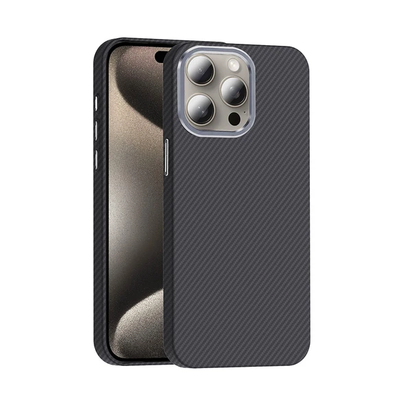 iPhone 15 Pro Max Kılıf Kablosuz Şarj Özellikli Karbon Fiber Görünümlü Gros Kapak ürün görseli 1