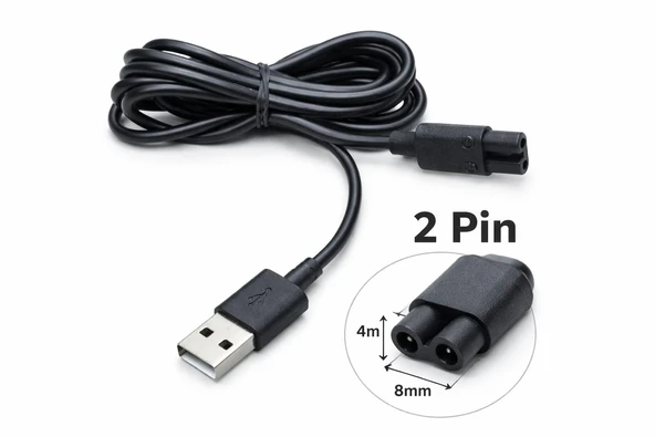 USB 2 Pin Şarj Kablosu 8mm x 4mm Tıraş Makinesi Uyumlu ürün görseli 1