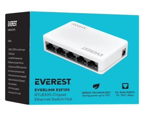 Everest Everlınk Esf105 5 Port 10 100mbps Rtl8305  Yonga Seti Hızlı Ethernet Masaüstü Switch Hub, Çoğaltıcı, Dağıtıcı ürün görseli 1