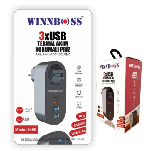 winnboss PRIZ AKIM KORUMA (1 PRİZ 2 USB 1 TYPE C) PRİZ TİPİ TEKLİ ürün görseli 1