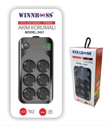Winboos Priz Akım Koruma 6 Priz 2 USB 2 Type-C 2 m ürün görseli 1