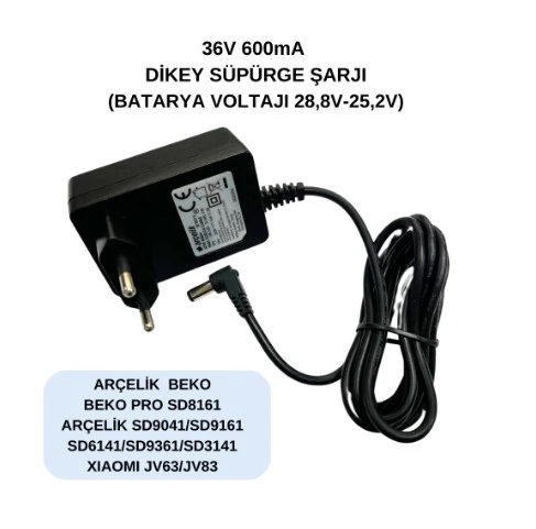 36V 600mA , Arçelik-Beko-Grundıg-Xıaomı, Dikey Süpürge Şarjı Aleti, Adaptör SD9961-JV63-JV83 ürün görseli 1