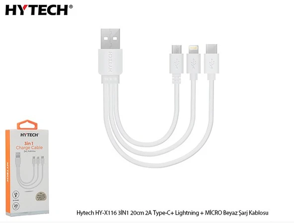 Hytech HY-X116 3İN1 20cm 3A Type-C+ Lightning + MİCRO Beyaz, TLF  Şarj Kablosu ürün görseli 1