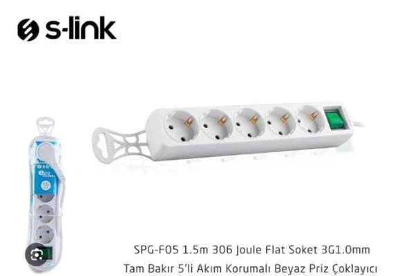 S-LİNK SPG-F05, ANAHTRALI Tam Bakır Akım Korumalı 1.5m 5li Priz Çoklayıcı ürün görseli 1