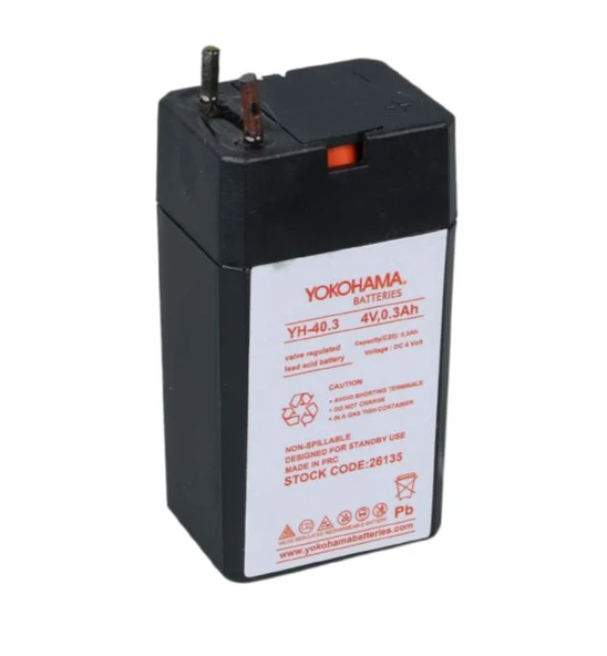 4V 0.3AH, IŞILDAK FENER AKÜSÜ, Yokohama YH-40.3 4 Volt - 0.3 Amper Akü (25.5x19.5x48 mm) ürün görseli 1